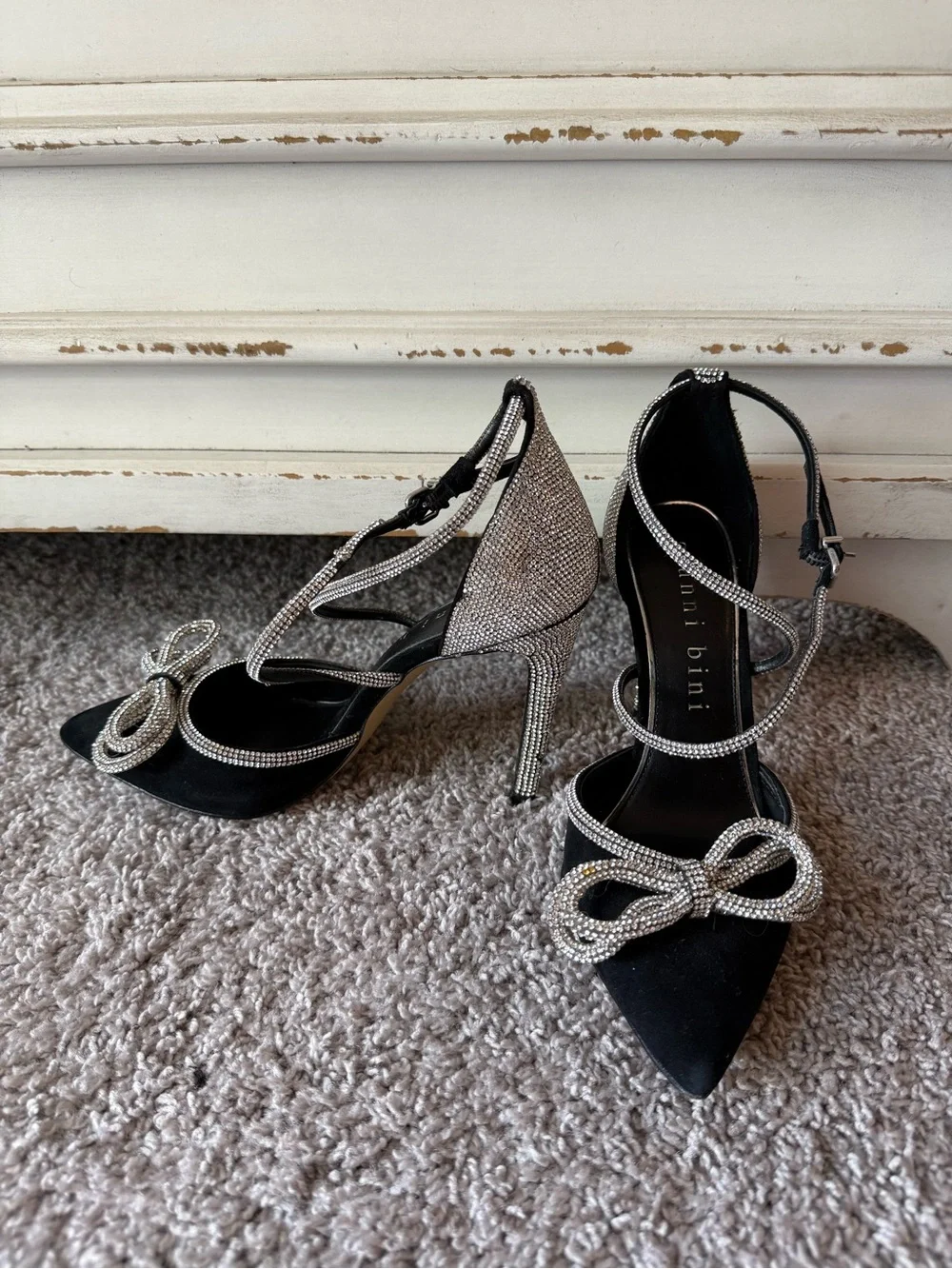 Gianni Bini Black Pointed Toe Heels with Silver Crystal Bow Straps